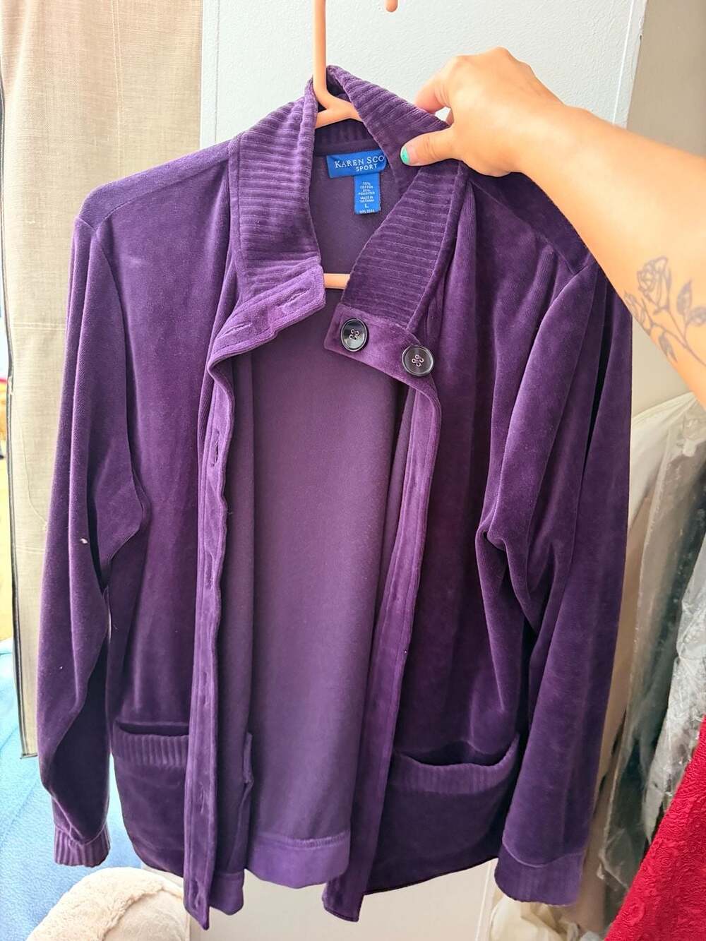 Karen Scott Sport Jacket Size L Purple Velour Button Up Collared Pockets